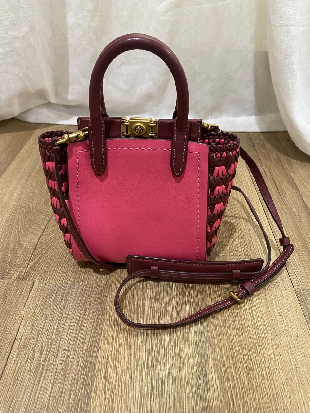 Coach 1941 Troupe Tote 16 Woven Pink Burgundy Crossbody Mini Bag